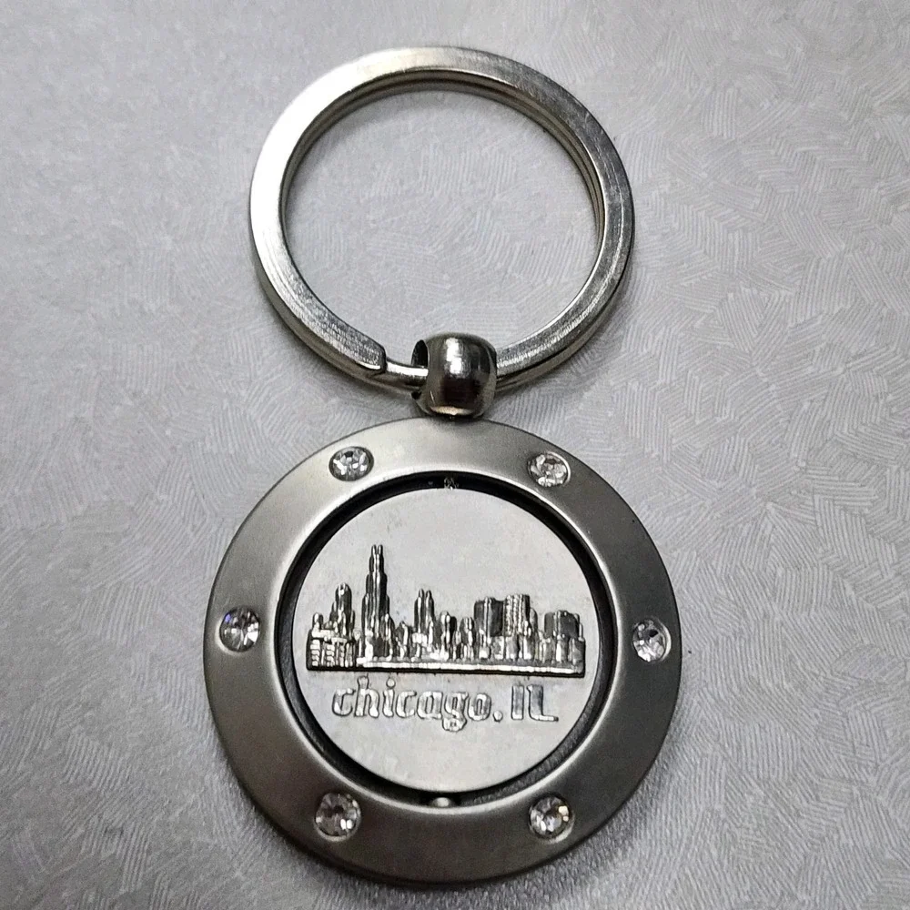 Chicago The Windy City Spinner Key Rhinestones Silver Spinning Key Chain